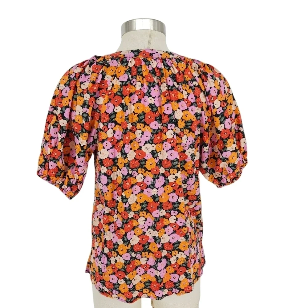 Ann Taylor LOFT Shirt Floral Puff Short Sleeve Tie V Neck Peasant Top Small